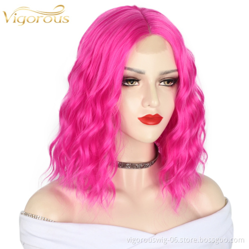 Hot Selling Wholesale U Part High Temperature Heat Resistant Water Wave Pink Bob Short Synthetic Lace Front Wig